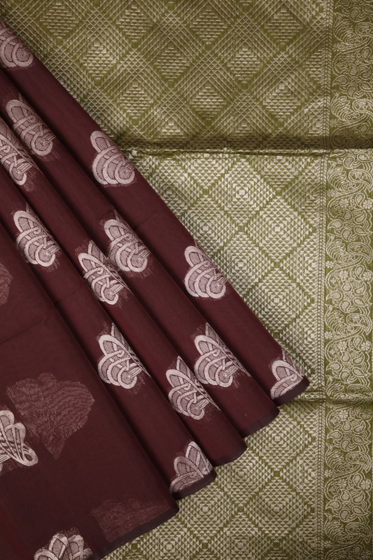Berry Red Silk Cotton Sarees with Bronze Zari Buttis (small Dots Or Motifs) view 1