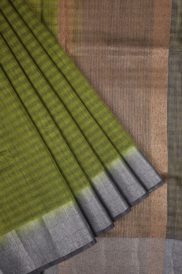 Moccon Green Tussar Saree with Without Zari Zari Stripes view 1