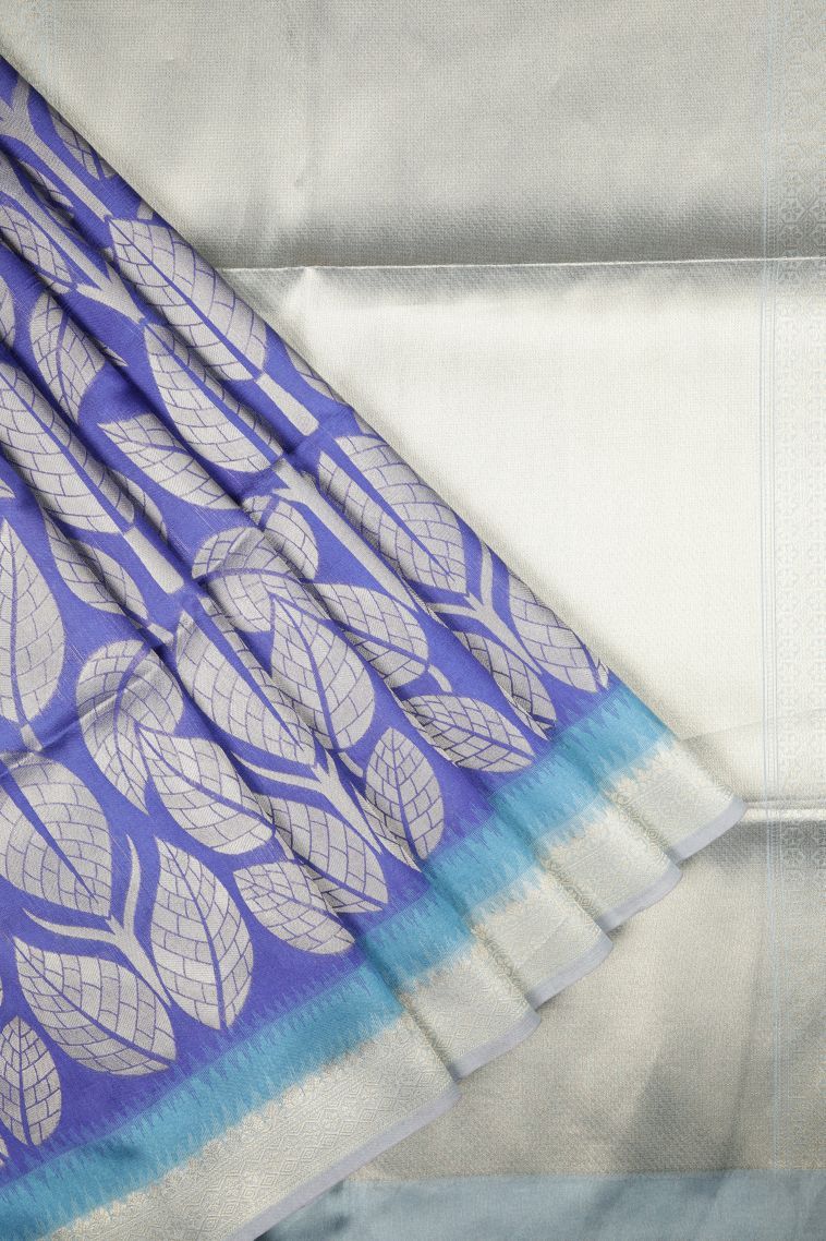 Azure Blue Tussar Saree with Silver Zari Floral Patterns view 1