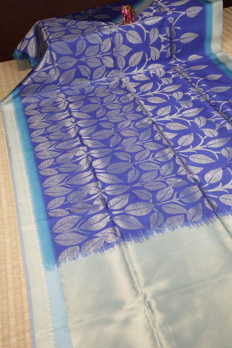 Azure Blue Tussar Saree with Silver Zari Floral Patterns view 2