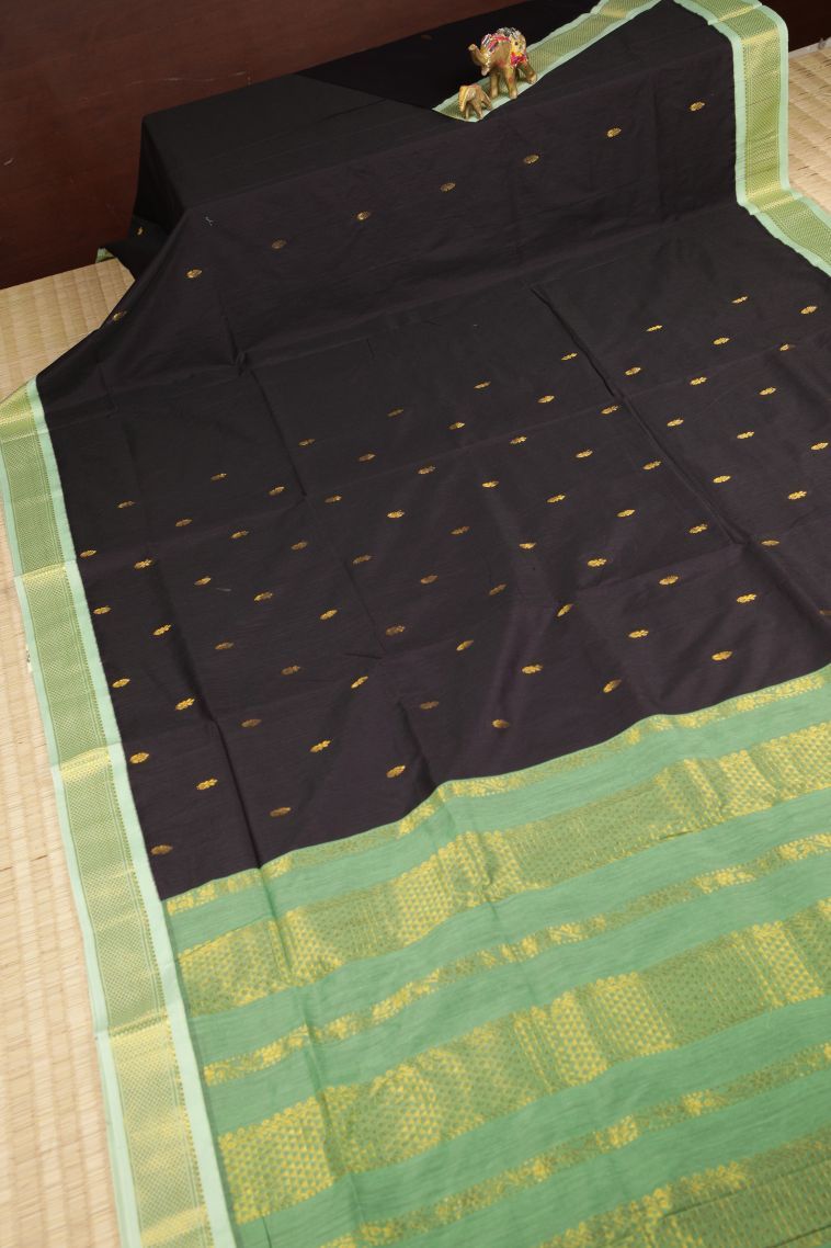 Asphalt Black Kalyani Cotton with Without Zari Zari Buttis (small Dots Or Motifs) view 2