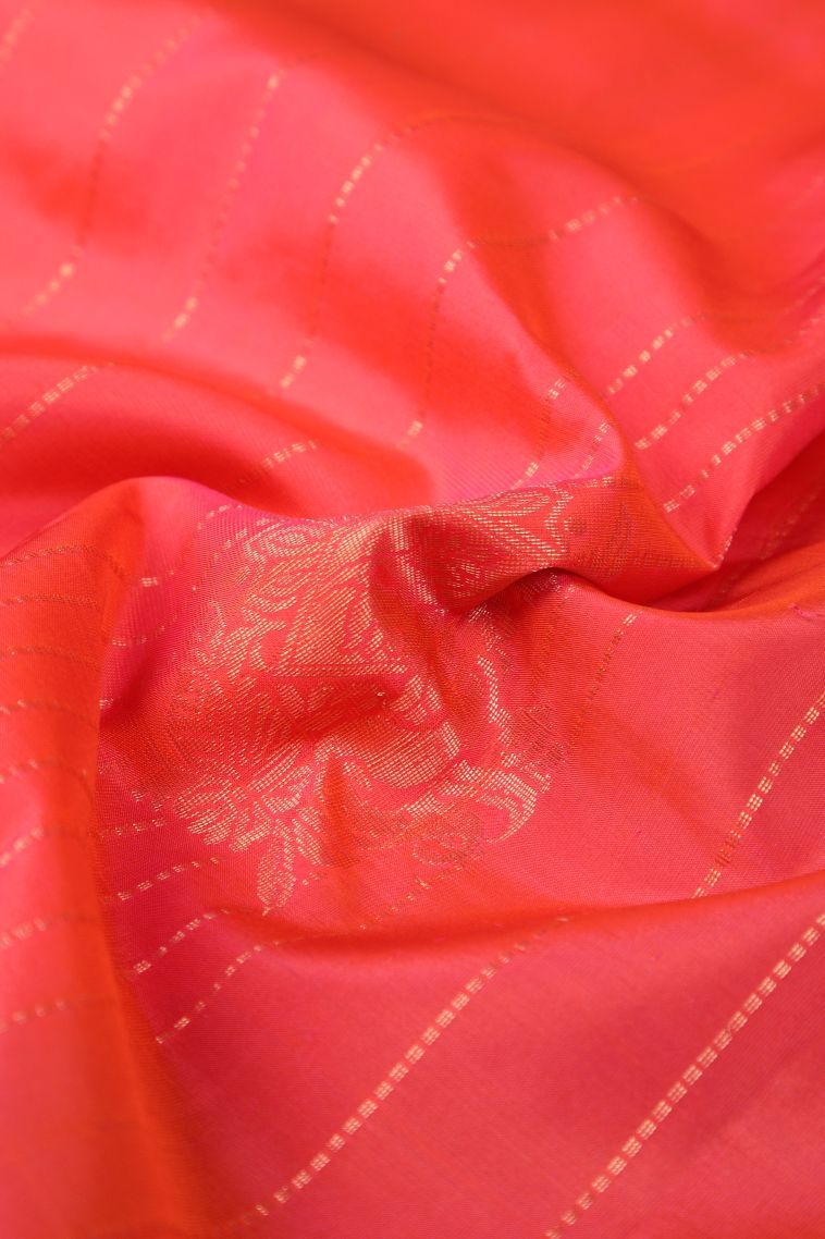 Strawberry Pink Soft Silk Saree with Copper Zari Stripes view 4