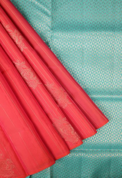 Strawberry Pink Soft Silk Saree with Copper Zari Stripes