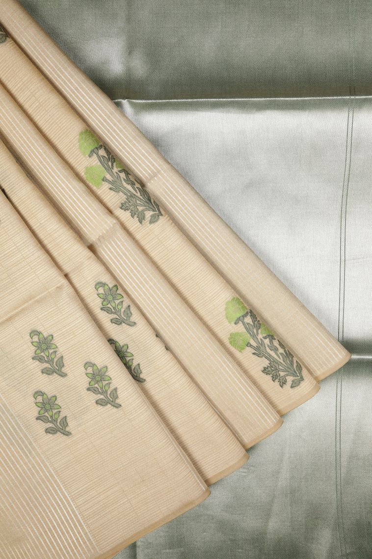 Cream White Tussar Saree with Silver Zari Buttis (small Dots Or Motifs) view 1