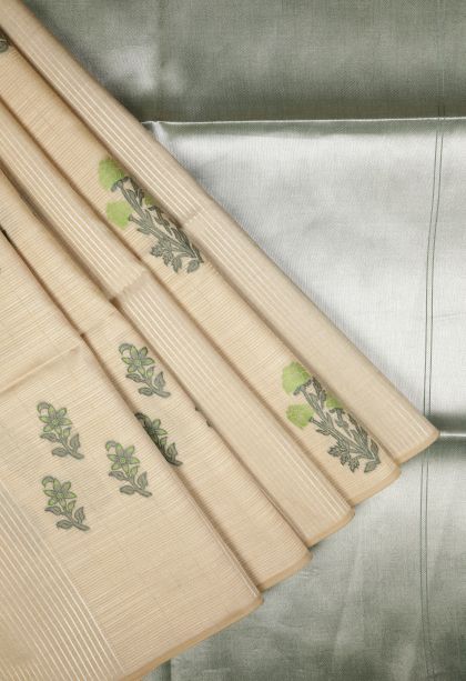 Cream White Tussar Saree with Silver Zari Buttis (small Dots Or Motifs)