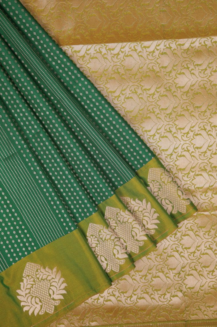 Pine Green Soft Silk Saree with Copper Zari Stripes view 1