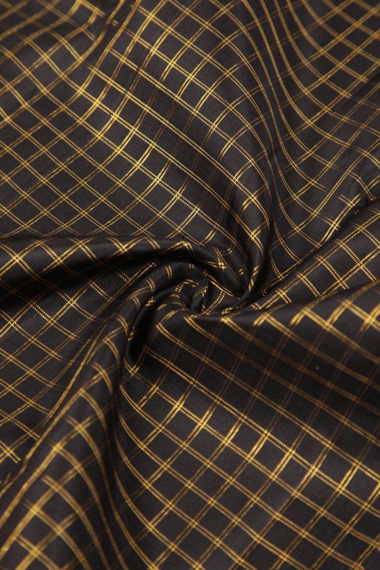 Asphalt Black Kanchipuram Silk Sarees with Gold Zari Checks view 4