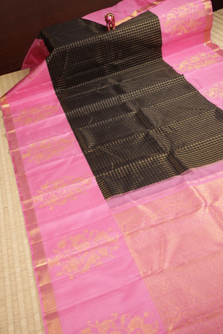 Asphalt Black Kanchipuram Silk Sarees with Gold Zari Checks view 2