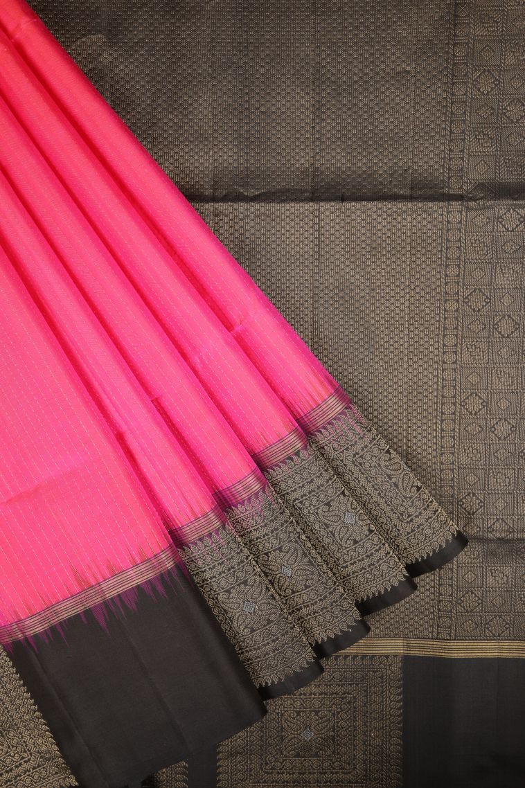 Hot Pink Soft Silk Saree with Gold Zari Stripes view 1