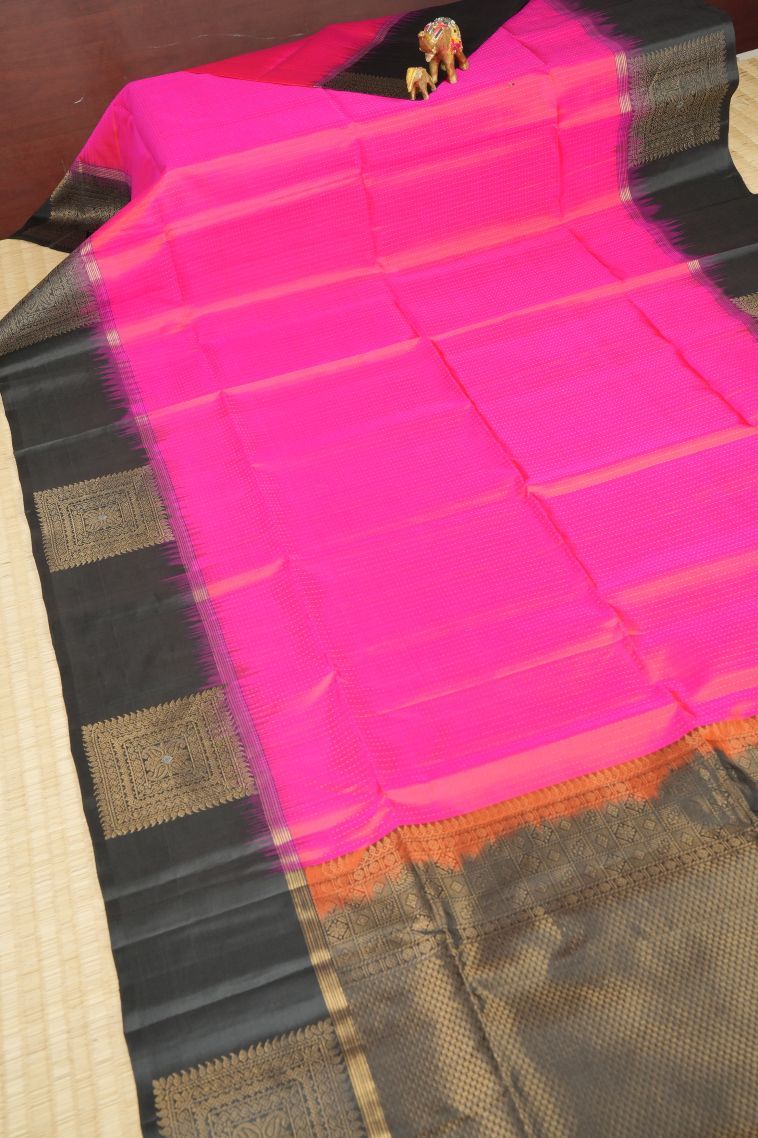 Hot Pink Soft Silk Saree with Gold Zari Stripes view 2