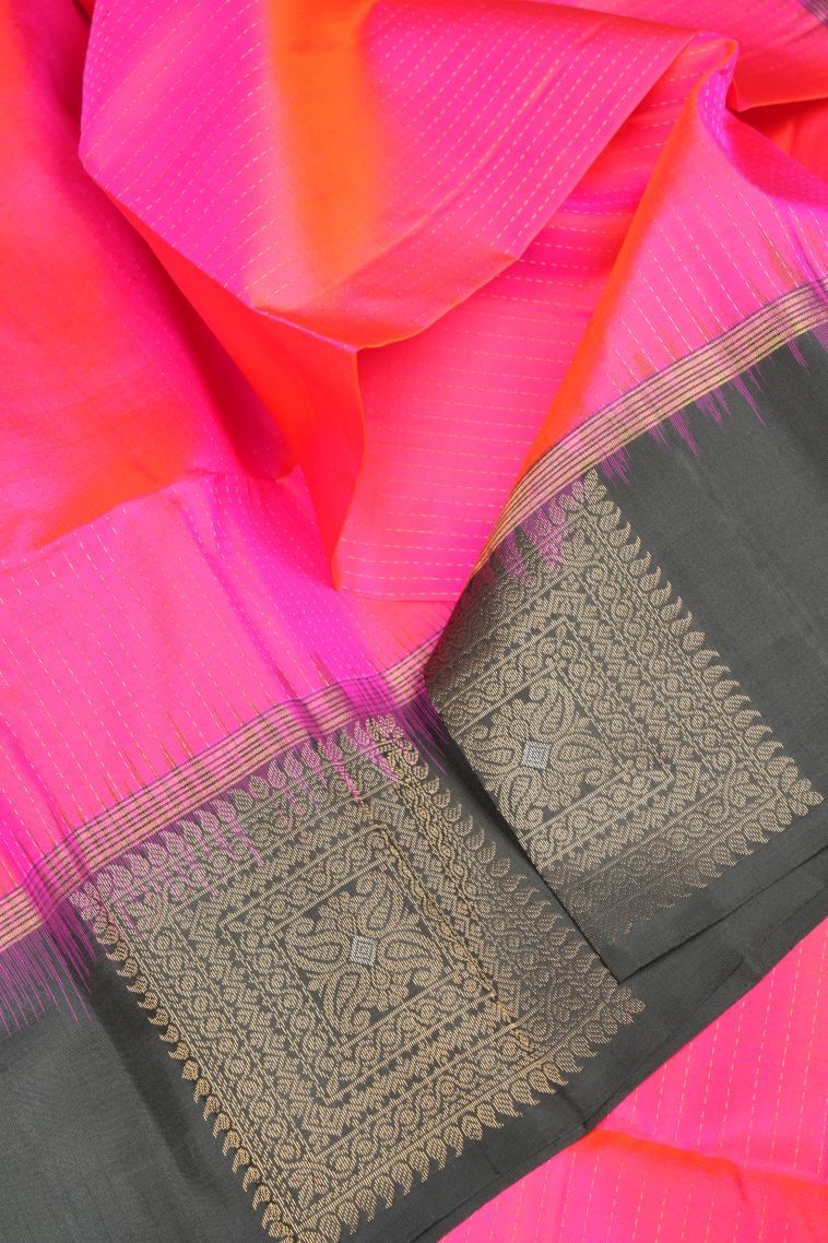 Hot Pink Soft Silk Saree with Gold Zari Stripes view 4