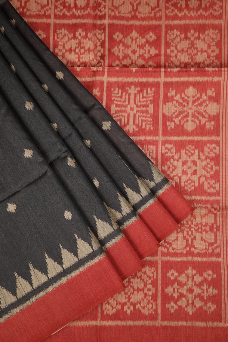 Asphalt Black Tussar Saree with Without Zari Zari Buttis (small Dots Or Motifs) view 1