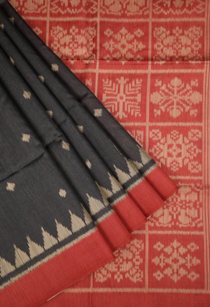 Asphalt Black Tussar Saree with Without Zari Zari Buttis (small Dots Or Motifs)