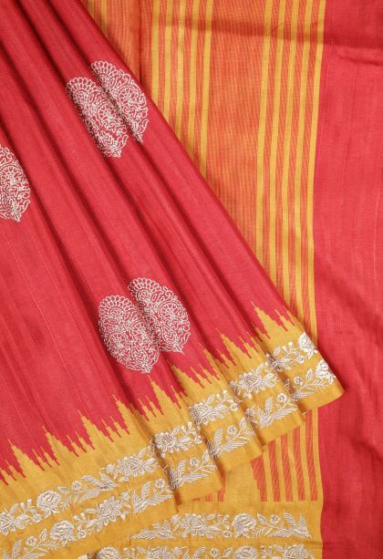 Rose  Red Tussar Saree with Without Zari Zari Buttis (small Dots Or Motifs)