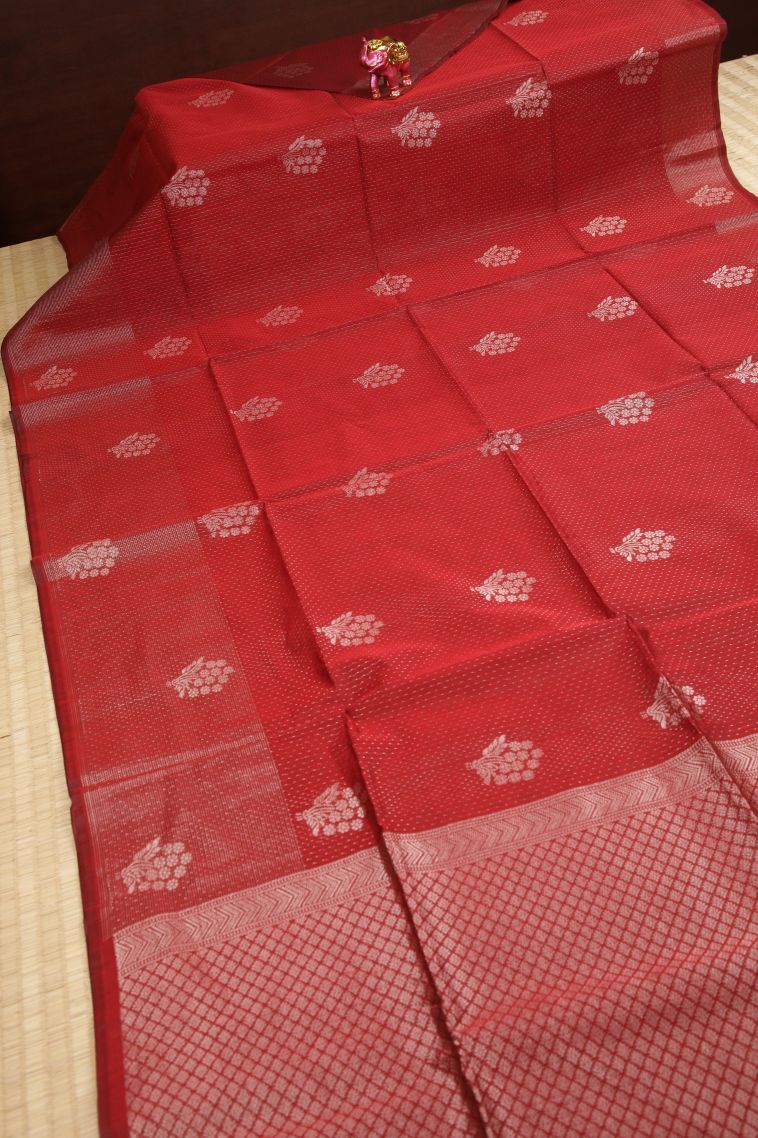 Apple Red Silk Cotton Sarees with Copper Zari Stripes view 2