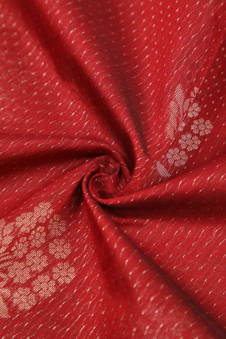 Apple Red Silk Cotton Sarees with Copper Zari Stripes view 4