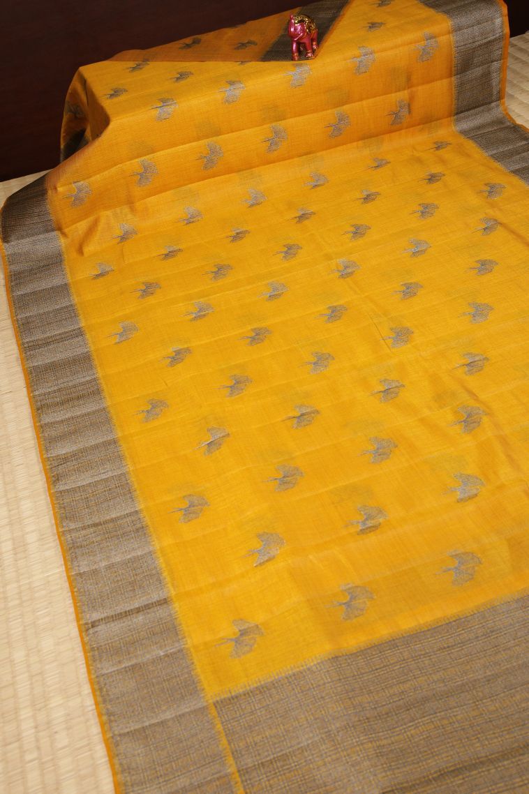 Lemon Yellow Tussar Saree with Bronze Zari Buttis (small Dots Or Motifs) view 2