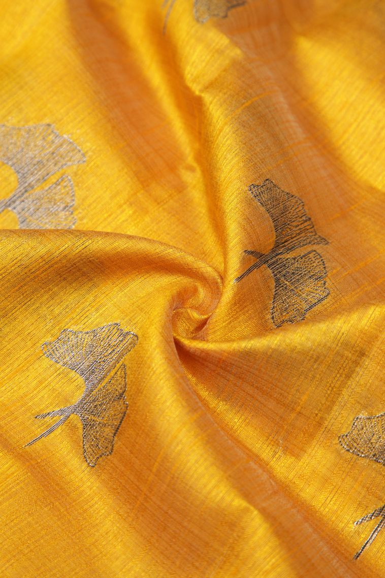 Lemon Yellow Tussar Saree with Bronze Zari Buttis (small Dots Or Motifs) view 4