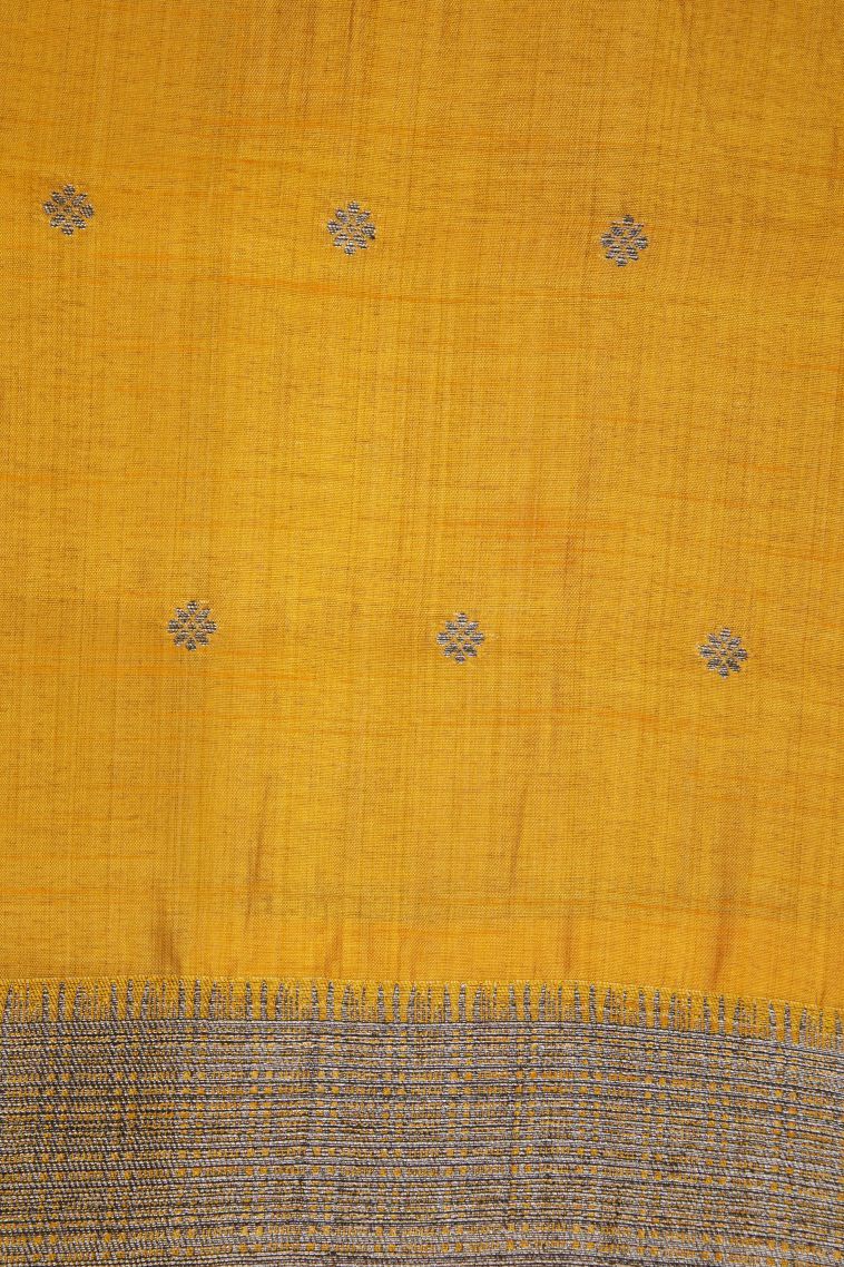 Lemon Yellow Tussar Saree with Bronze Zari Buttis (small Dots Or Motifs) view 3