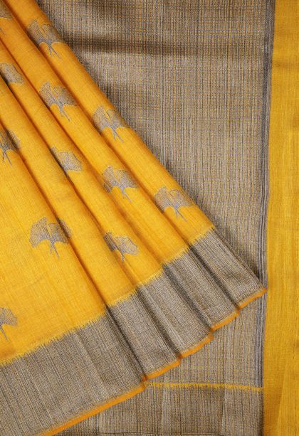 Lemon Yellow Tussar Saree with Bronze Zari Buttis (small Dots Or Motifs)