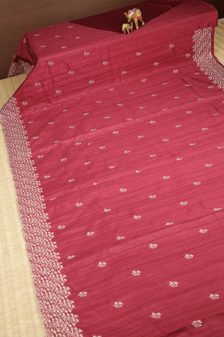 Apple Red Tussar Saree with Without Zari Zari Buttis (small Dots Or Motifs) view 2