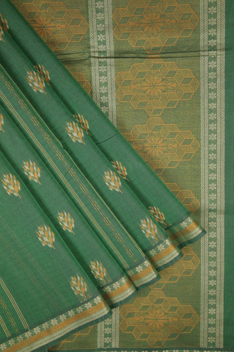 Basil Green Kovai Cotton Sarees with Without Zari Zari Stripes view 1