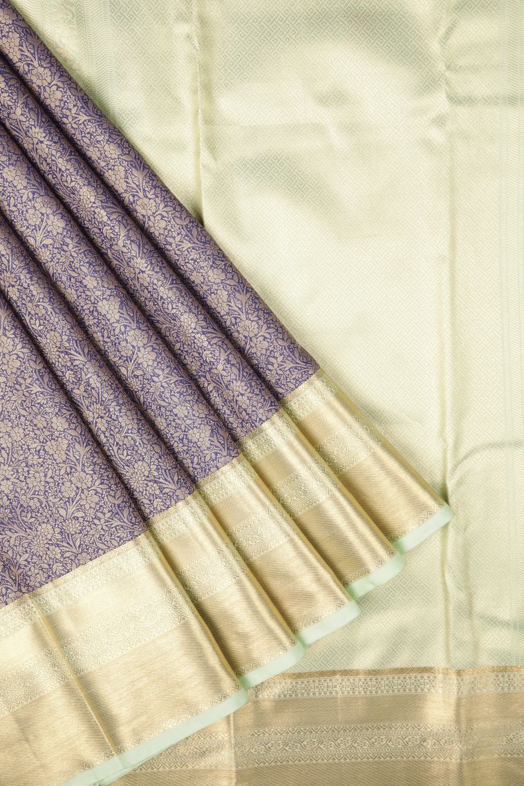 Navy Blue Samudrika Pattu with Copper Zari Floral Patterns view 1