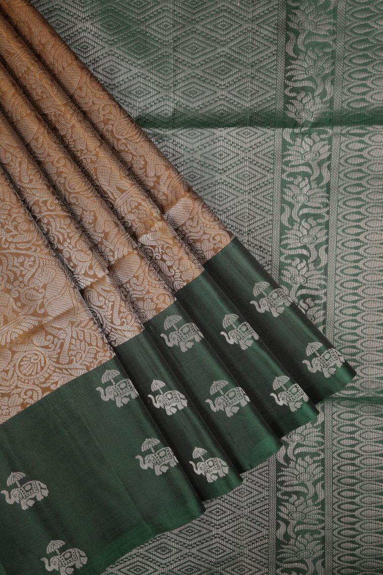 Tawny Brown Soft Silk Saree with Silver Zari Floral Patterns view 1