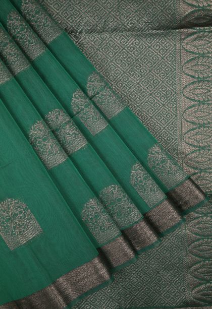 Seaweed Green Silk Cotton Sarees with Bronze Zari Buttis (small Dots Or Motifs)