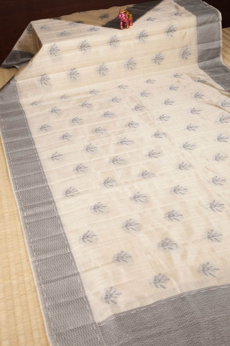 Cream White Tussar Saree with Bronze Zari Buttis (small Dots Or Motifs) view 2