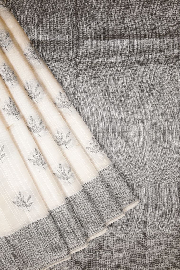 Cream White Tussar Saree with Bronze Zari Buttis (small Dots Or Motifs) view 1