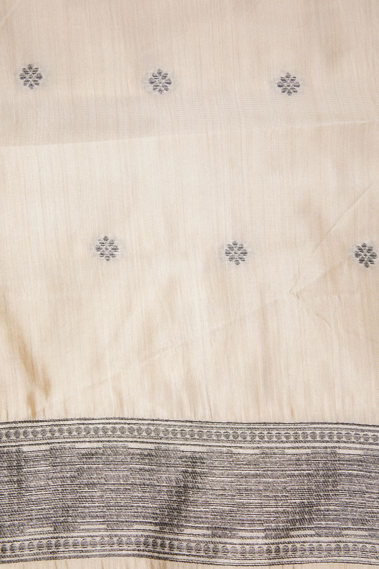 Cream White Tussar Saree with Bronze Zari Buttis (small Dots Or Motifs) view 3