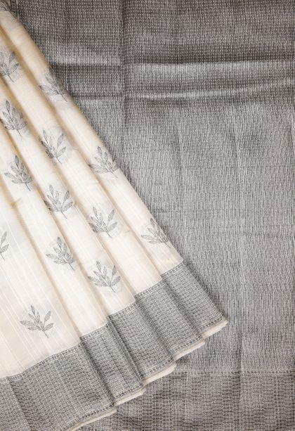 Cream White Tussar Saree with Bronze Zari Buttis (small Dots Or Motifs)