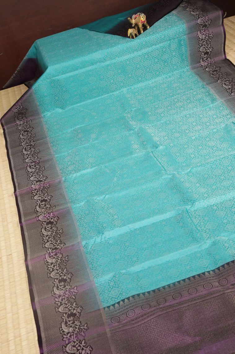 Arctic Blue Soft Silk Saree with Silver Zari Tribal Or Folk Art view 2