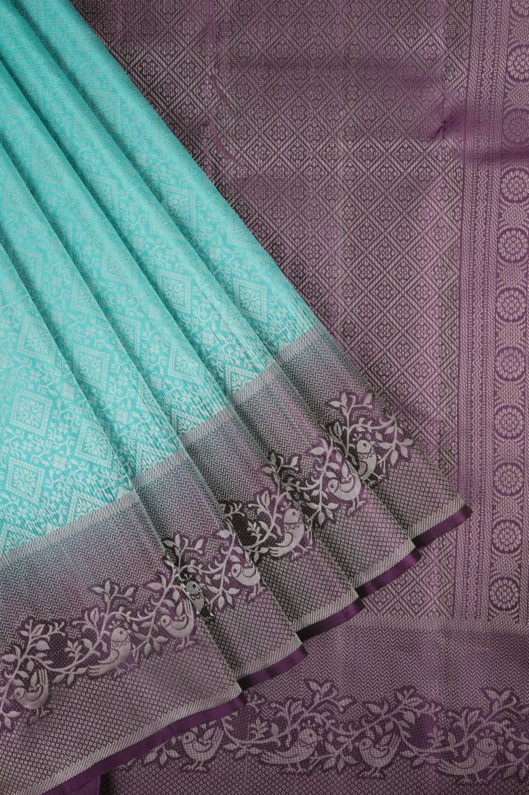 Arctic Blue Soft Silk Saree with Silver Zari Tribal Or Folk Art view 1