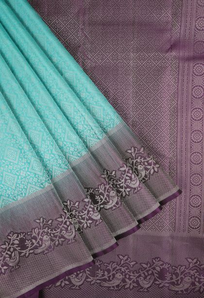 Arctic Blue Soft Silk Saree with Silver Zari Tribal Or Folk Art