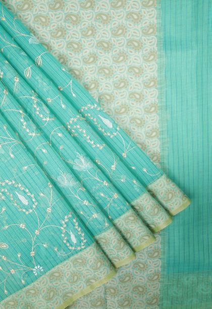 Arctic Blue Tussar Saree with Without Zari Zari Floral Patterns