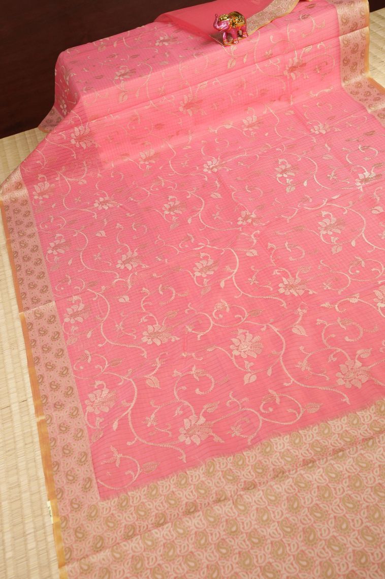 Punch Pink Tussar Saree with Without Zari Zari Floral Patterns view 2