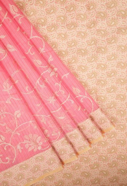 Punch Pink Tussar Saree with Without Zari Zari Floral Patterns