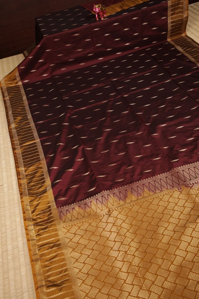 Berry Red Soft Silk Saree with Copper Zari Buttis (small Dots Or Motifs) view 2