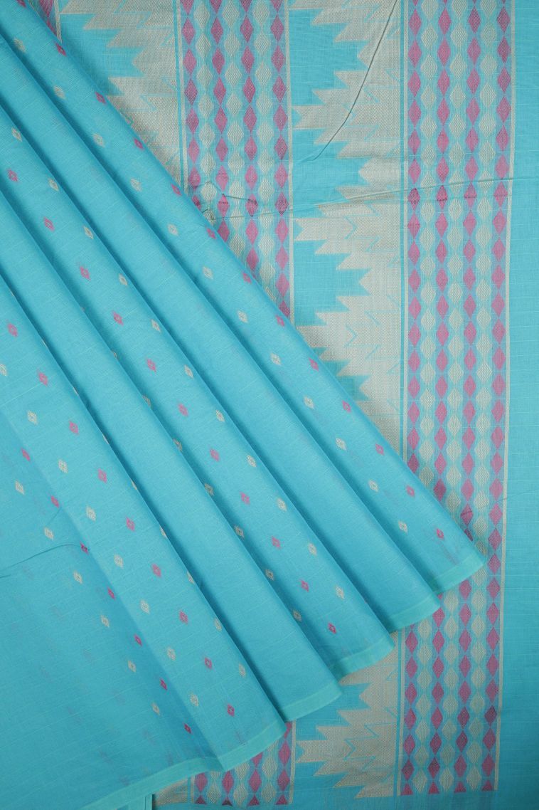 Arctic Blue Kovai Cotton Sarees with Without Zari Zari Buttis (small Dots Or Motifs) view 1