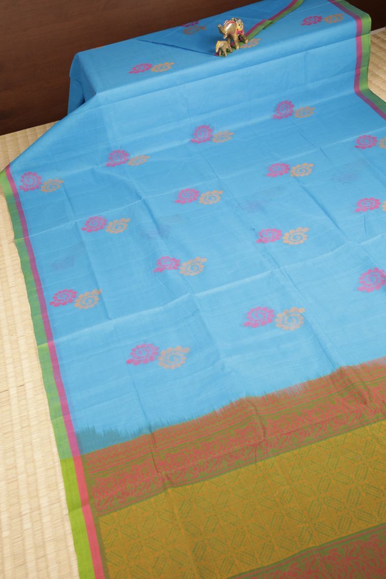 Arctic Blue Pure Handloom Kovai Cotton with Without Zari Zari Buttis (small Dots Or Motifs) view 2