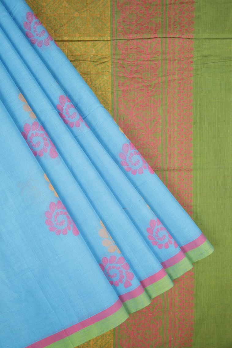 Arctic Blue Pure Handloom Kovai Cotton with Without Zari Zari Buttis (small Dots Or Motifs) view 1