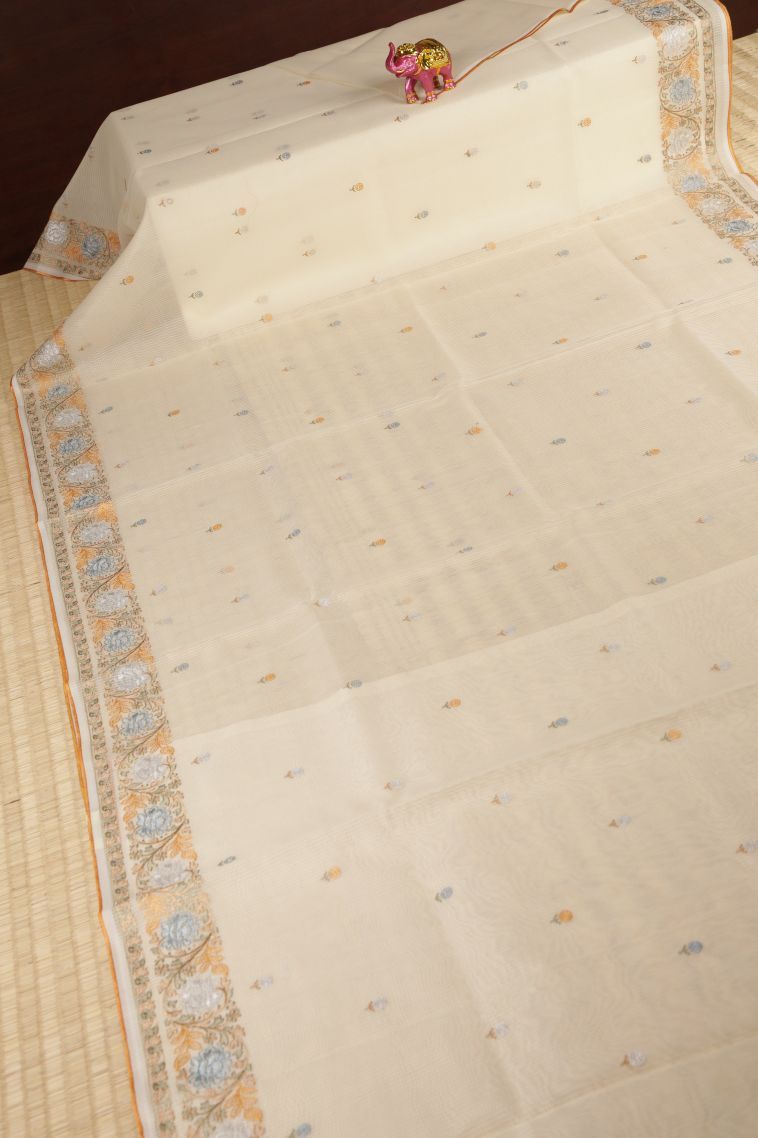 Cream White Tussar Saree with Without Zari Zari Buttis (small Dots Or Motifs) view 2
