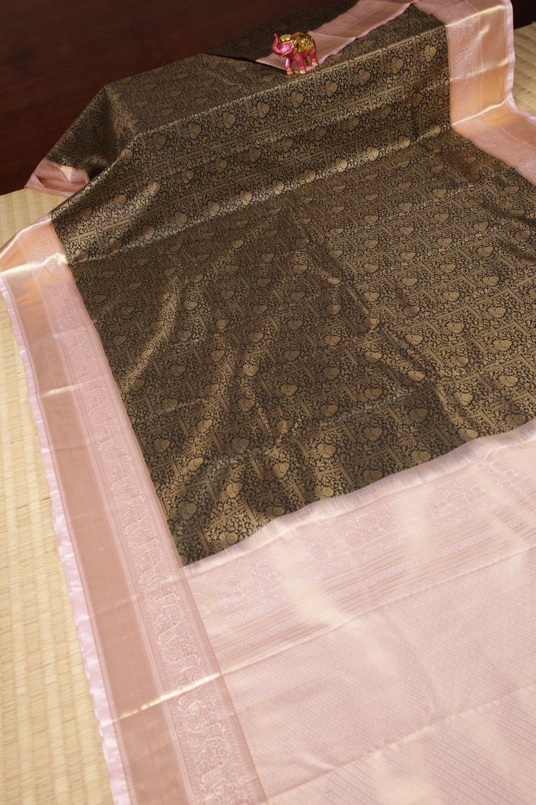 Asphalt Black Samudrika Pattu with Copper Zari Floral Patterns view 2
