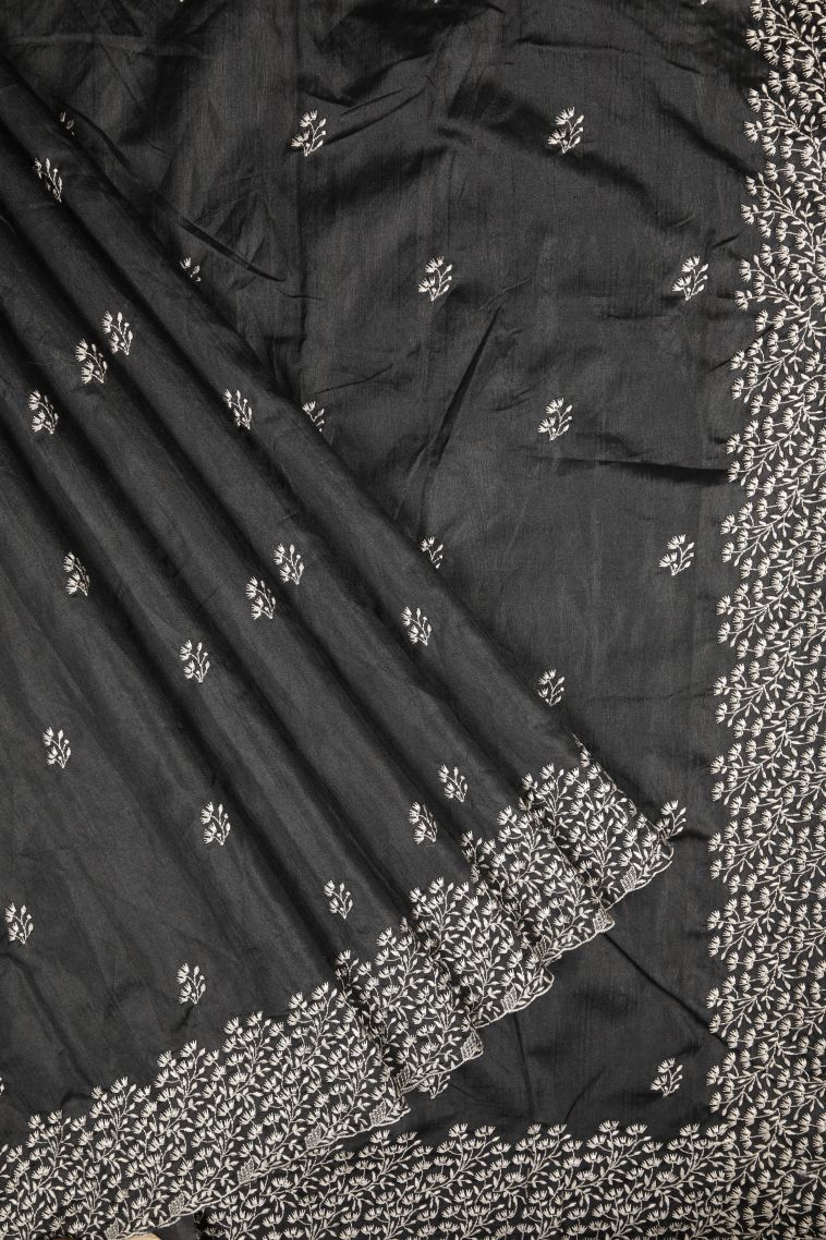 Asphalt Black Tussar Saree with Without Zari Zari Buttis (small Dots Or Motifs) view 1