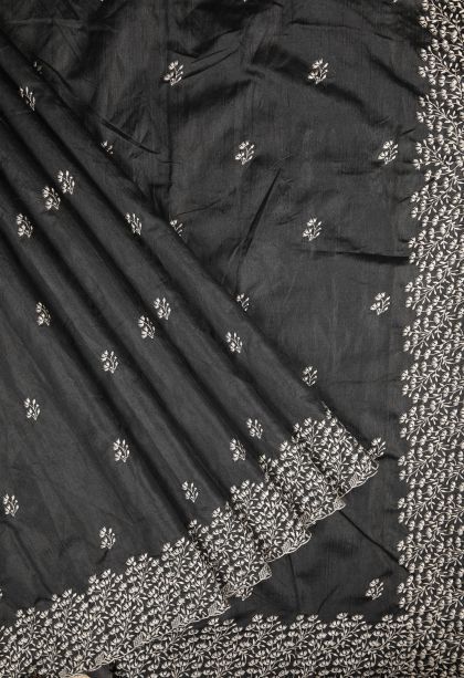 Asphalt Black Tussar Saree with Without Zari Zari Buttis (small Dots Or Motifs)