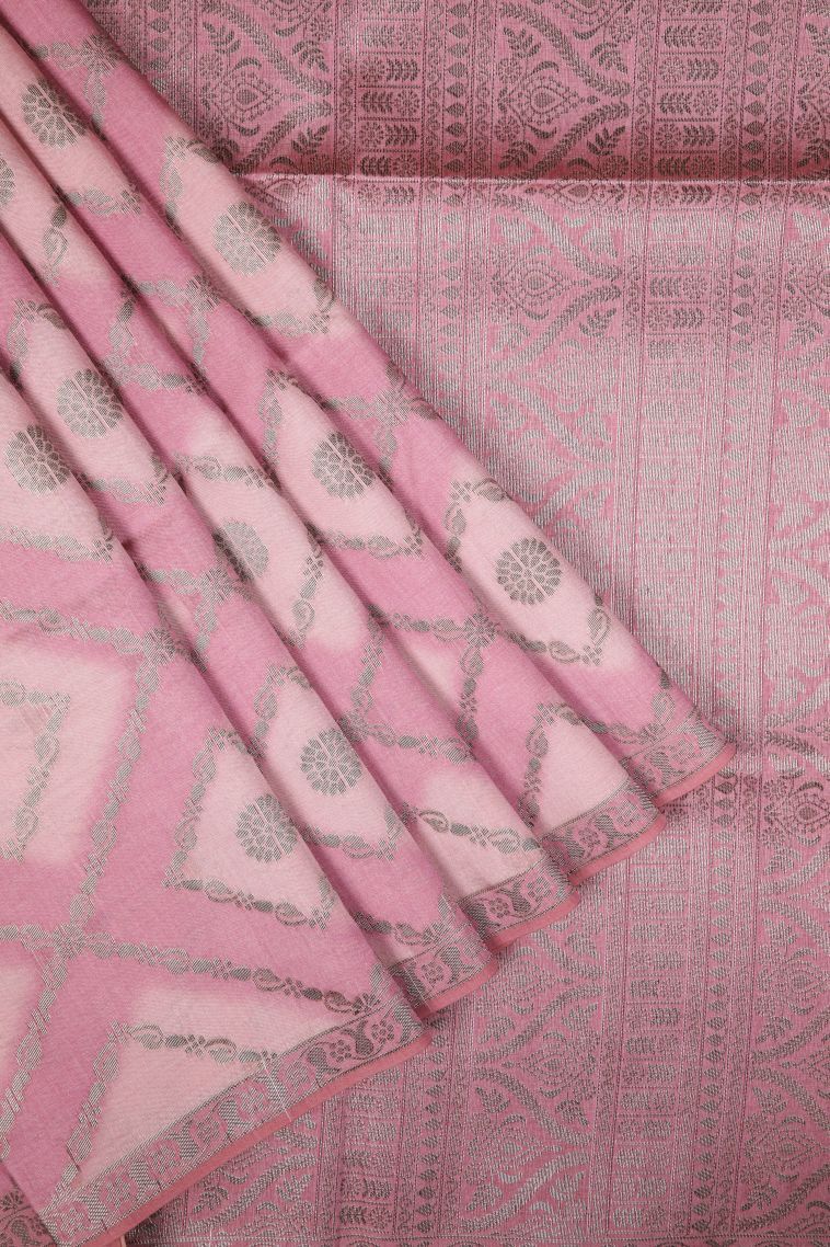 Ballet Pink Tussar Saree with Bronze Zari Checks view 1