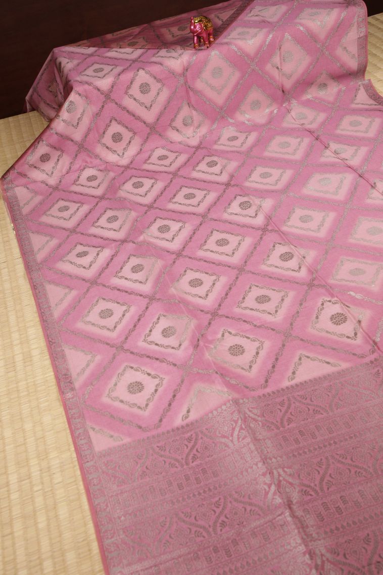 Ballet Pink Tussar Saree with Bronze Zari Checks view 2