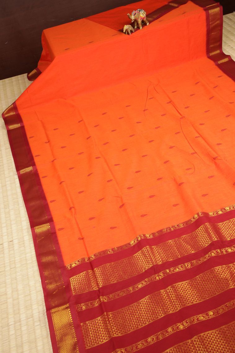 Tiger Orange Kalyani Cotton with Without Zari Zari Buttis (small Dots Or Motifs) view 2